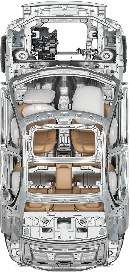 Cutaway view of a car showing the body shell, seats and mechanical layout
